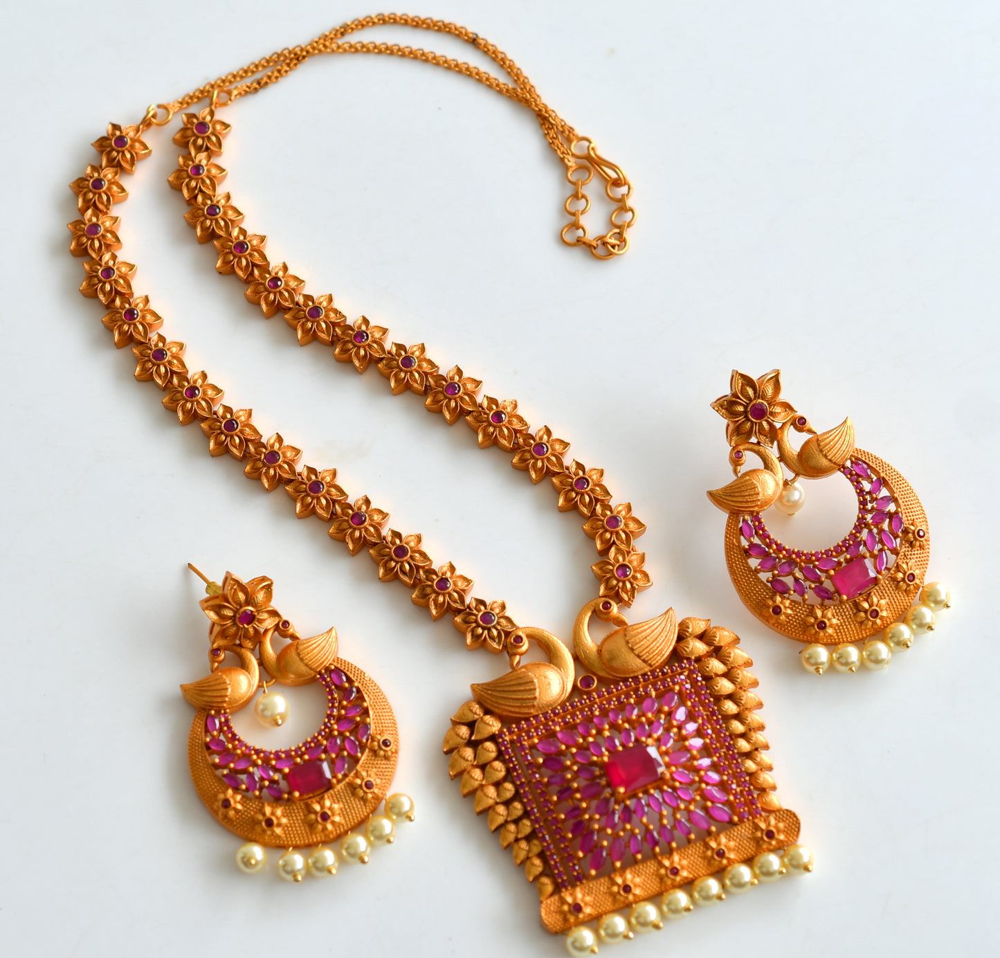 Matte Finish Ruby Peacock Square pendant Necklace Set-dj13899