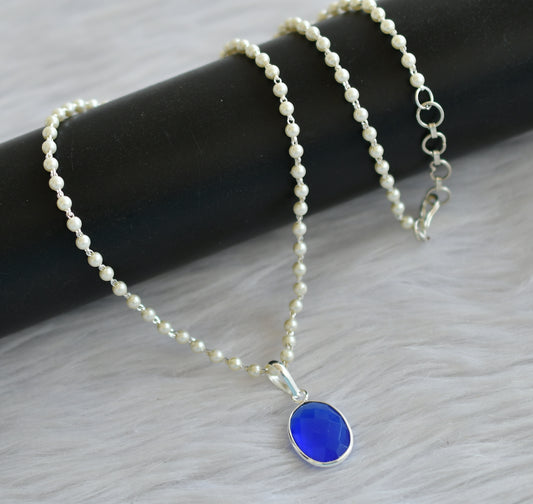 silver tone 18 inches pearl chain with blue small pendant dj-44191