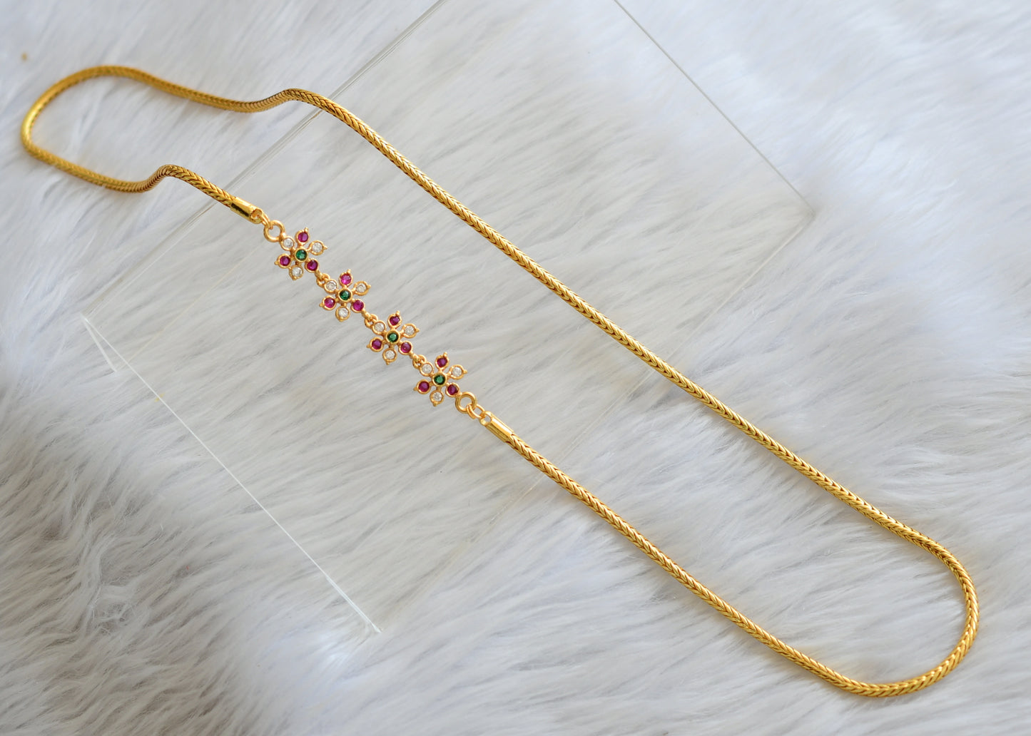 Gold tone ad pink-green-white stone flower mugappu chain dj-45989