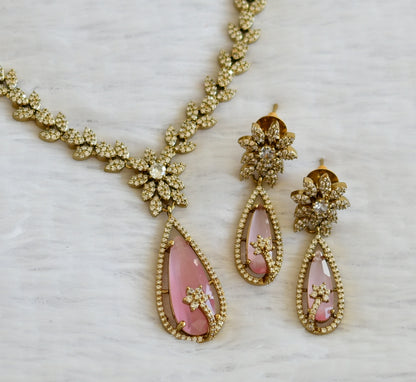 Antique cz-baby pink thilak stone leaf necklace set dj-49426