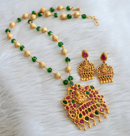 Matte finish green pumpkin bead ball chain with ruby-green- lakshmi pendant set dj-45982