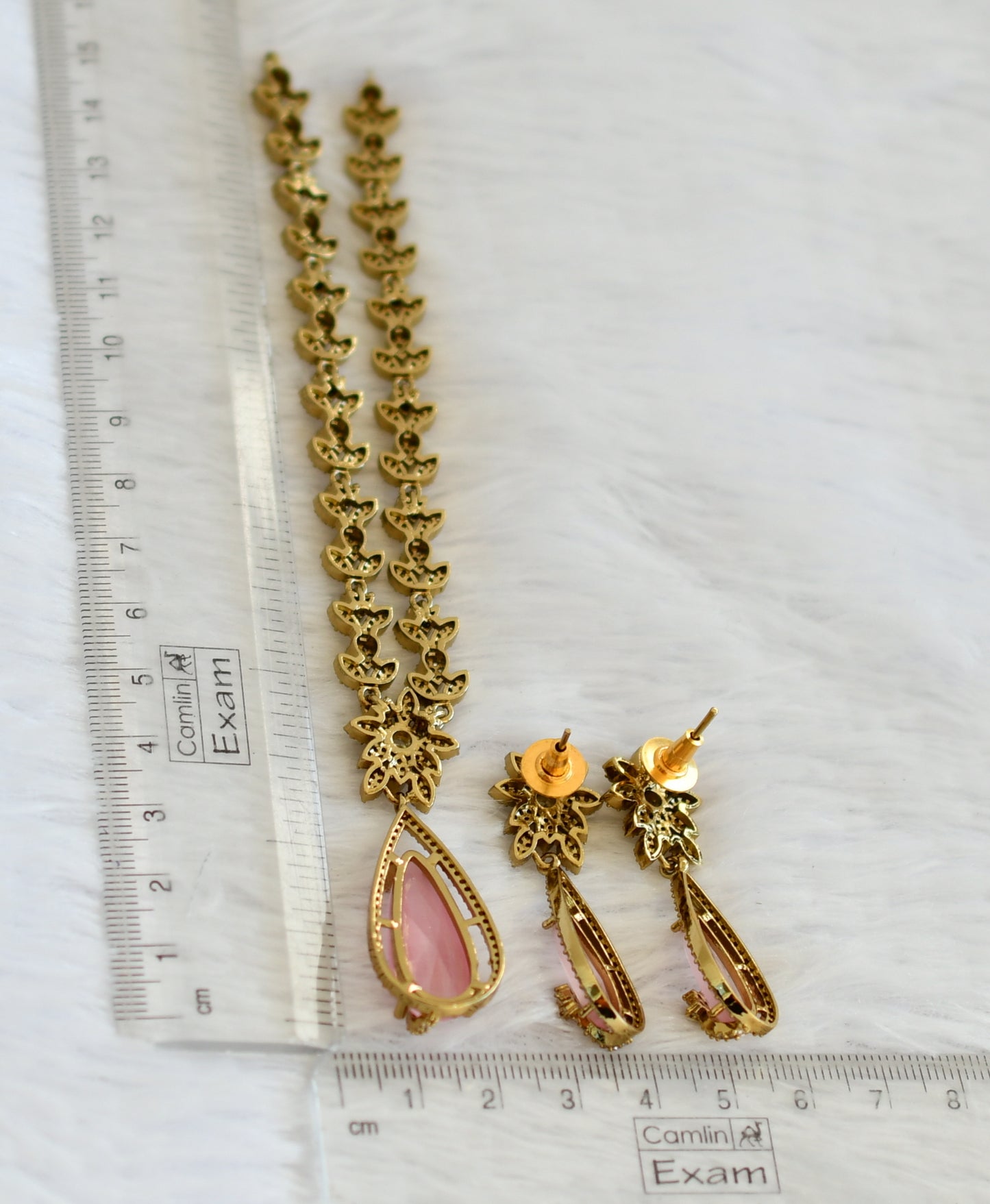 Antique cz-baby pink thilak stone leaf necklace set dj-49426