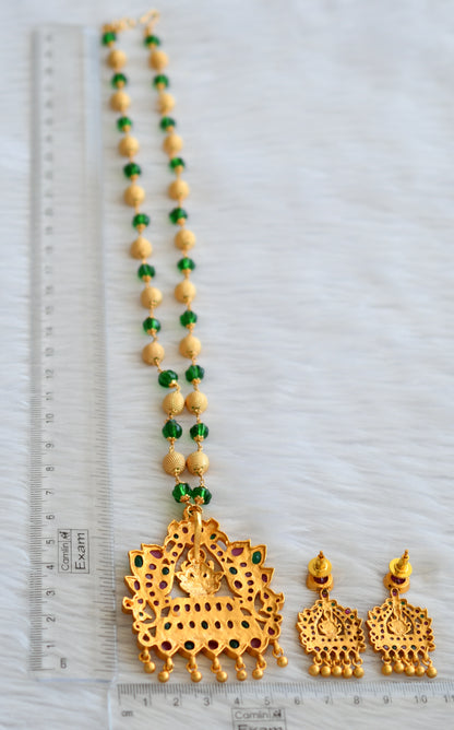 Matte finish green pumpkin bead ball chain with ruby-green- lakshmi pendant set dj-45982