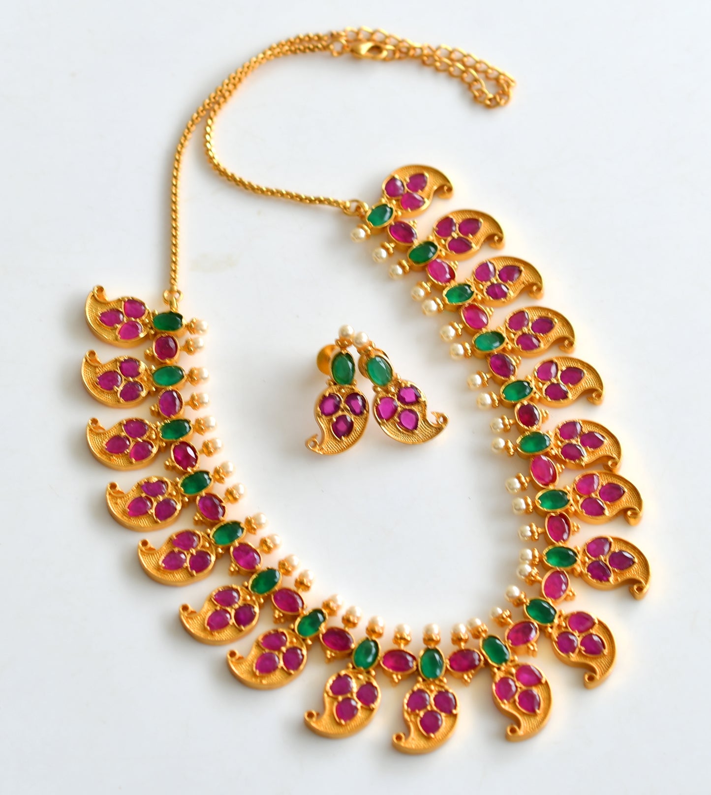 Gold tone Ruby-emerald Pearl Mango Necklace Set -dj09671