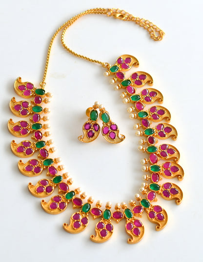 Gold tone Ruby-emerald Pearl Mango Necklace Set -dj09671