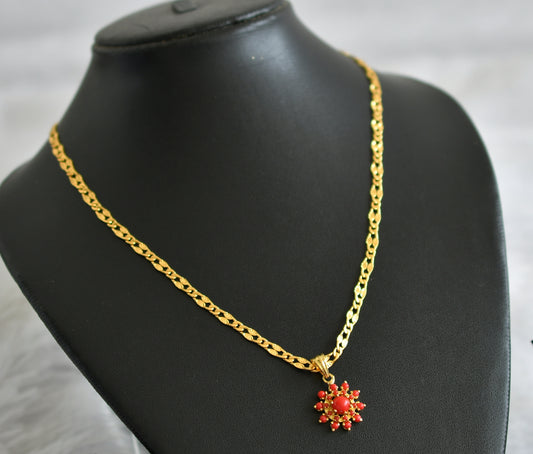 Gold tone 18 inches chain with coral stone flower pendant dj-47138