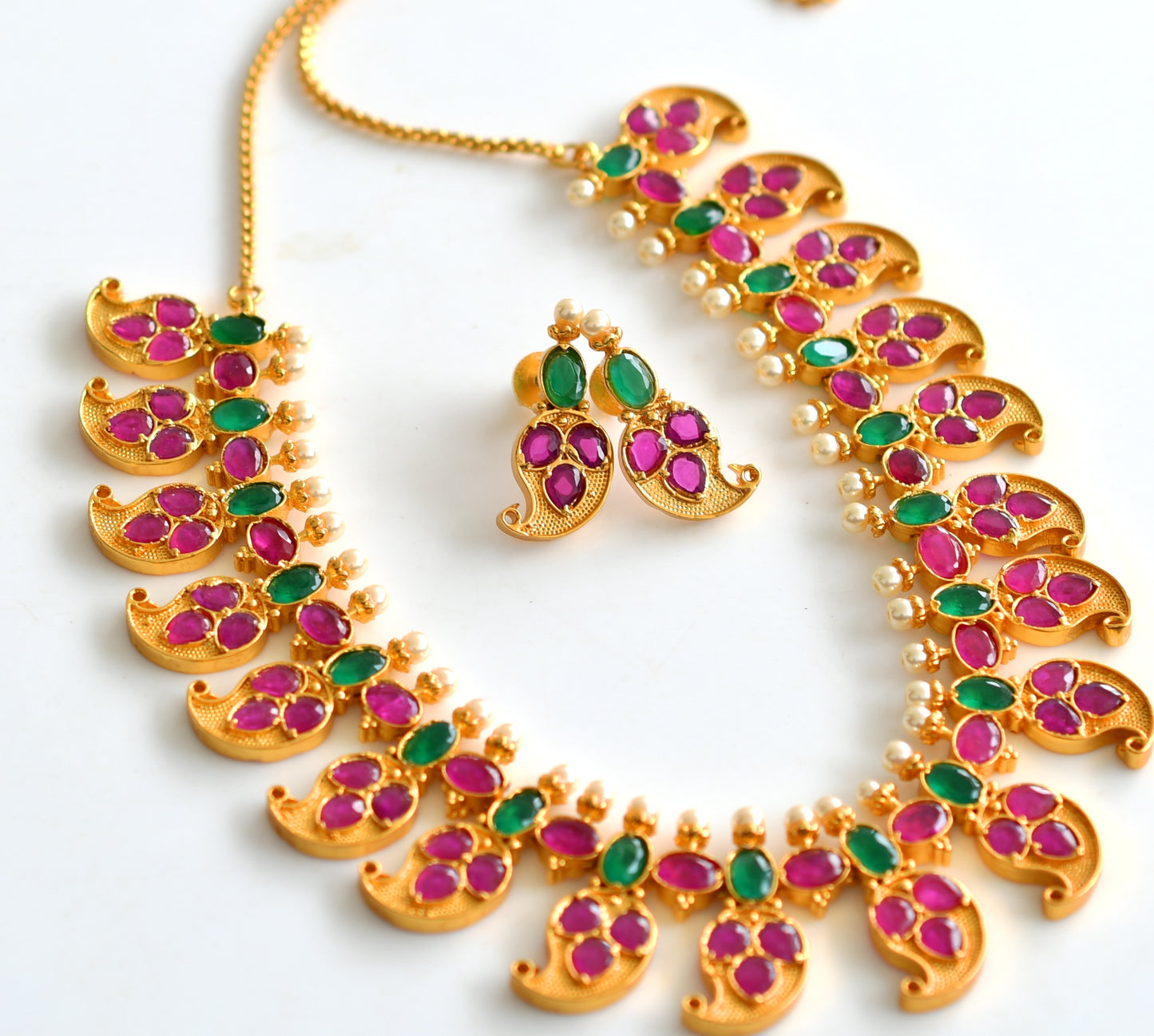 Gold tone Ruby-emerald Pearl Mango Necklace Set -dj09671