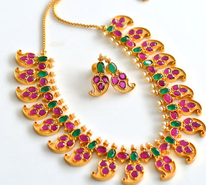 Gold tone Ruby-emerald Pearl Mango Necklace Set -dj09671