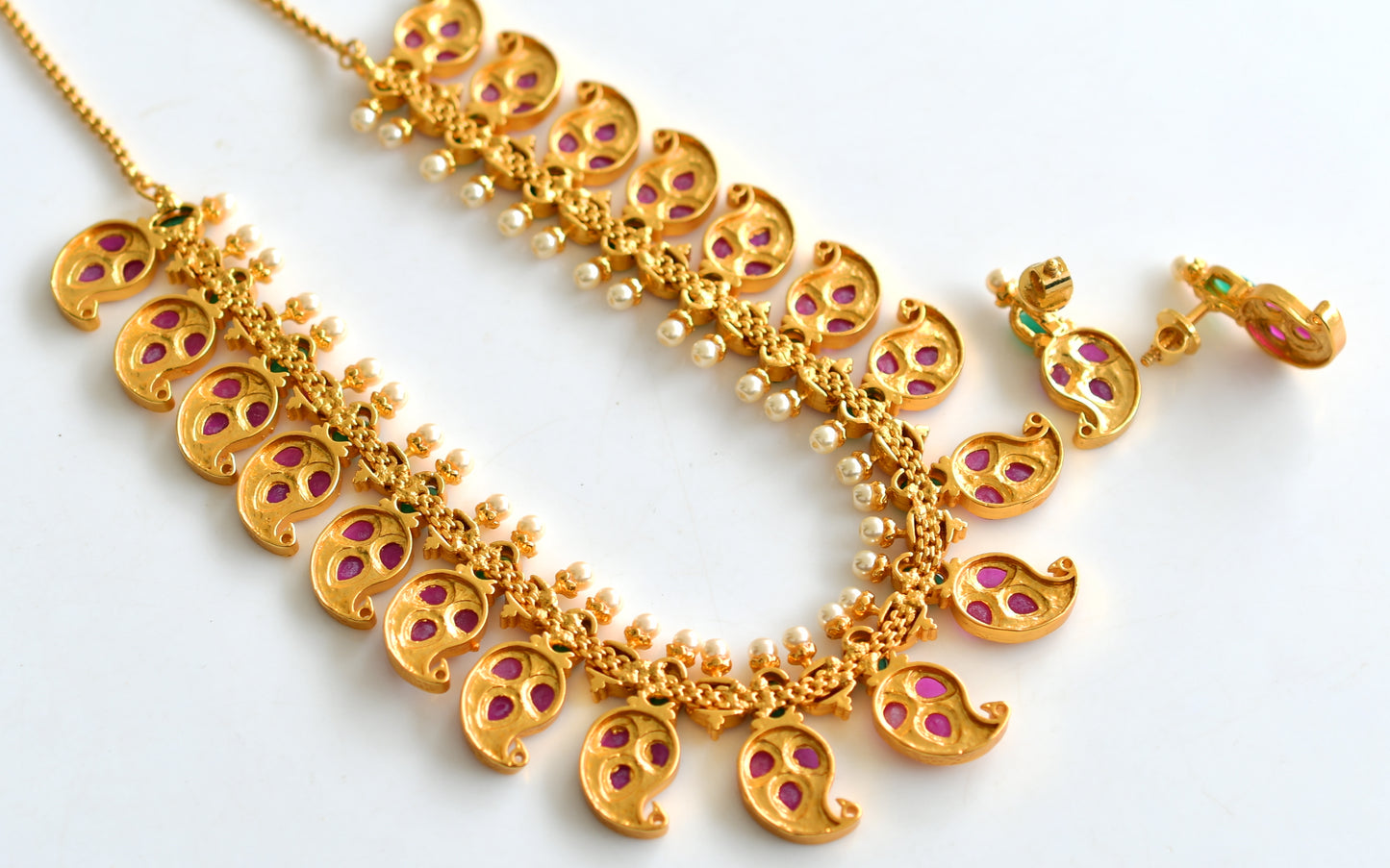 Gold tone Ruby-emerald Pearl Mango Necklace Set -dj09671