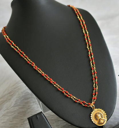 Gold tone coral 24 inches double layer chain with white stone pendant dj-47158