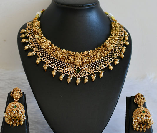 Antique gold tone blod look cz green lakshmi-elephant-peacock choker necklace set dj-49466