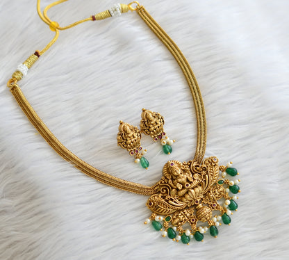 Matte finish kemp-green beaded lakshmi lotus necklace set dj-45979