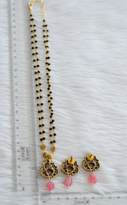 Antique black karimani chain with cz white -baby pink ganesha victorian pendant set dj-44215