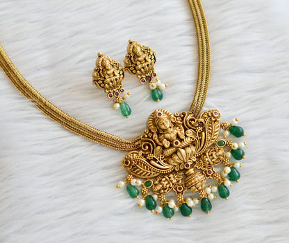 Matte finish kemp-green beaded lakshmi lotus necklace set dj-45979
