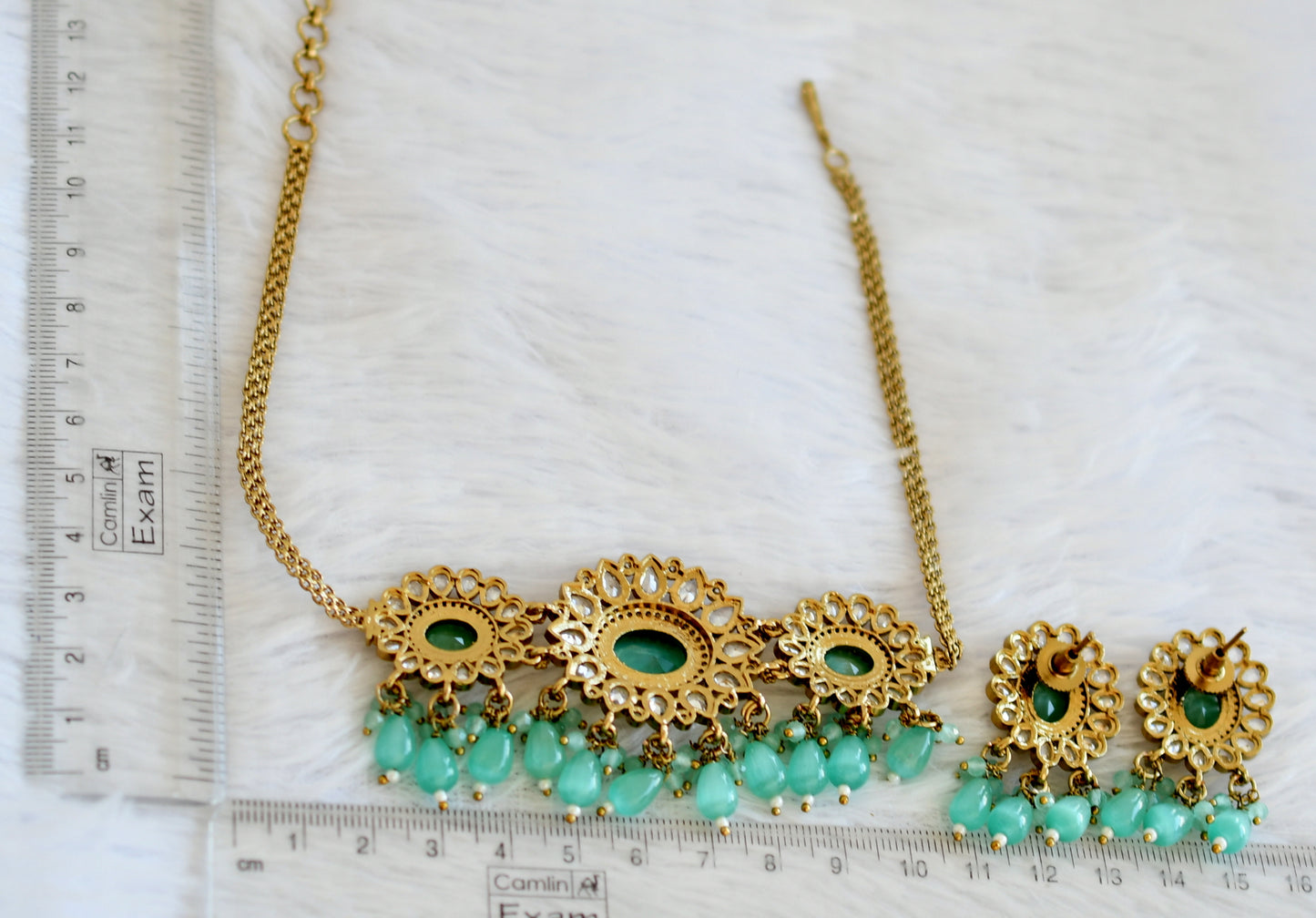 Antique cz sea green beaded flower victorian choker necklace set dj-49420