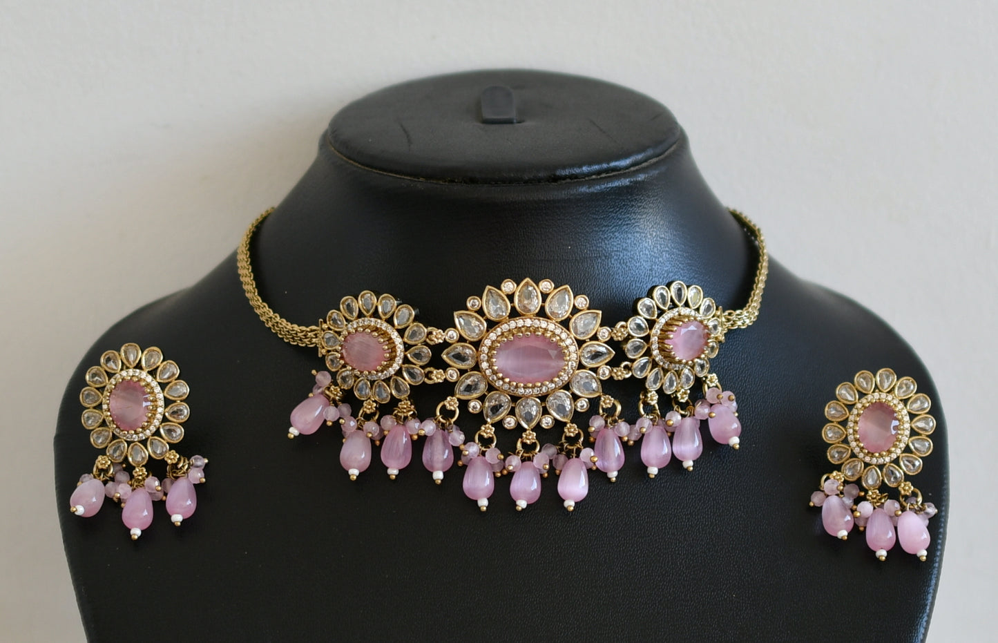 Antique cz-baby pink beaded flower victorian choker necklace set dj-49421