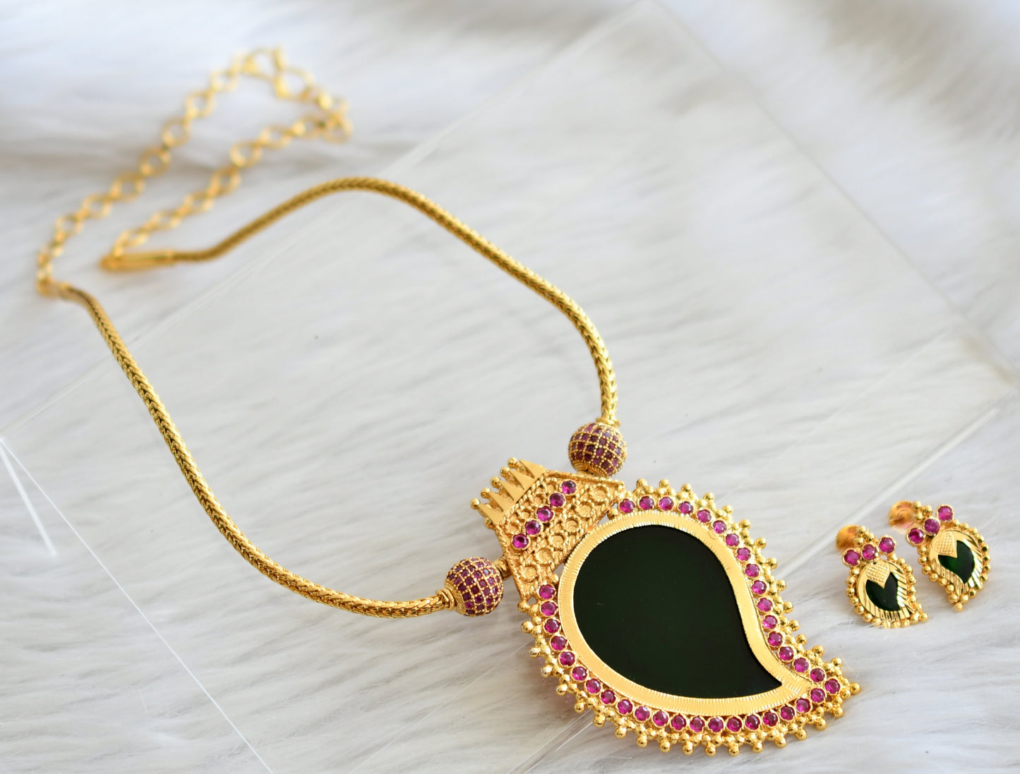 Gold look alike green stone mango kodi Kerala style necklace set dj-34117