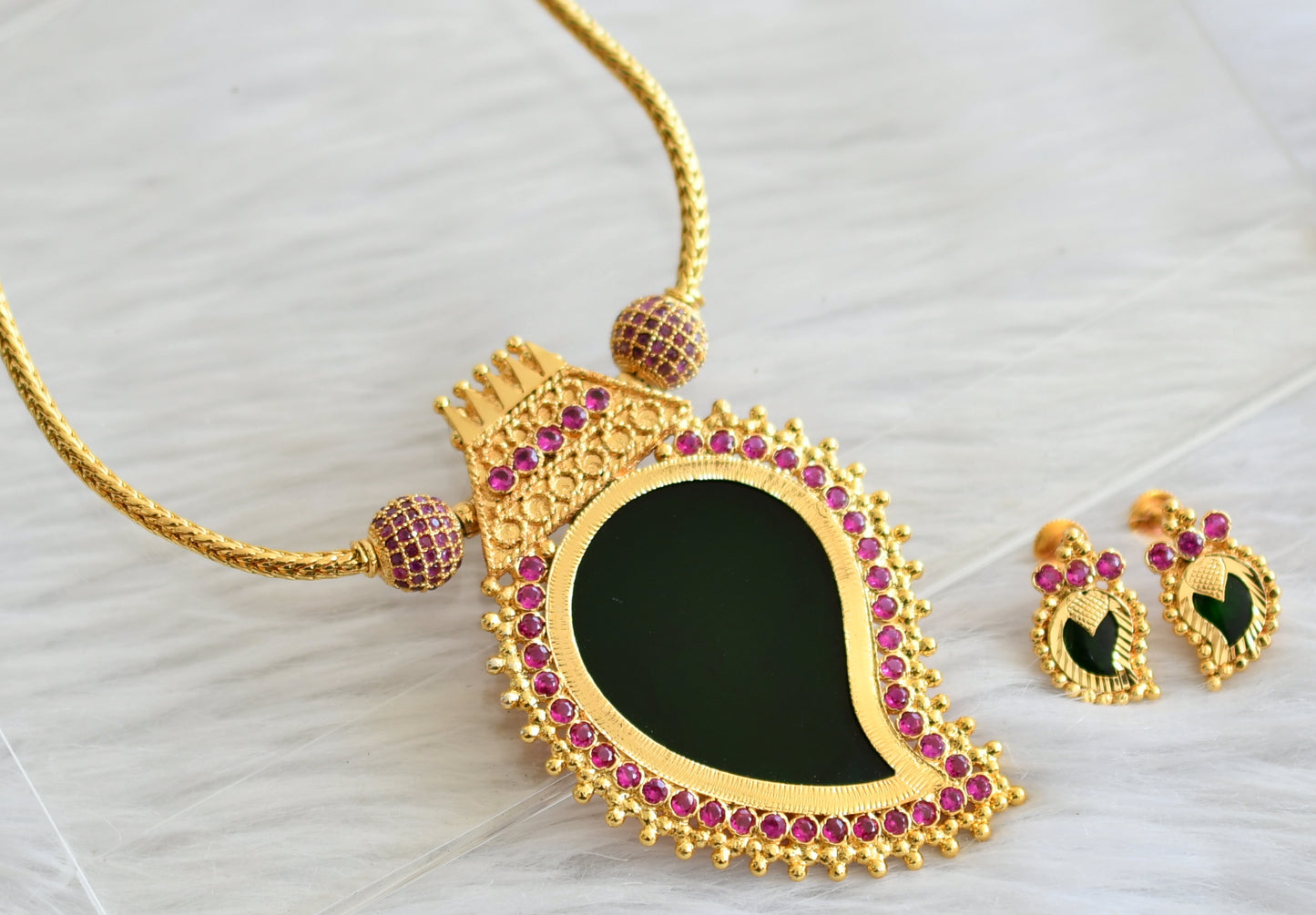 Gold look alike green stone mango kodi Kerala style necklace set dj-34117