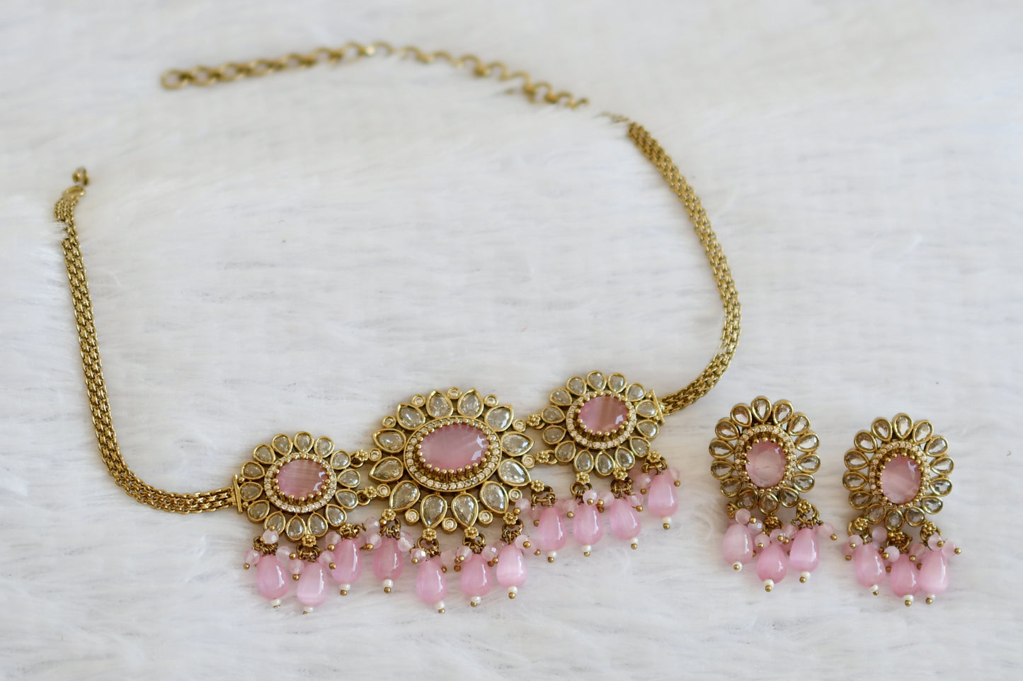 Antique cz-baby pink beaded flower victorian choker necklace set dj-49421