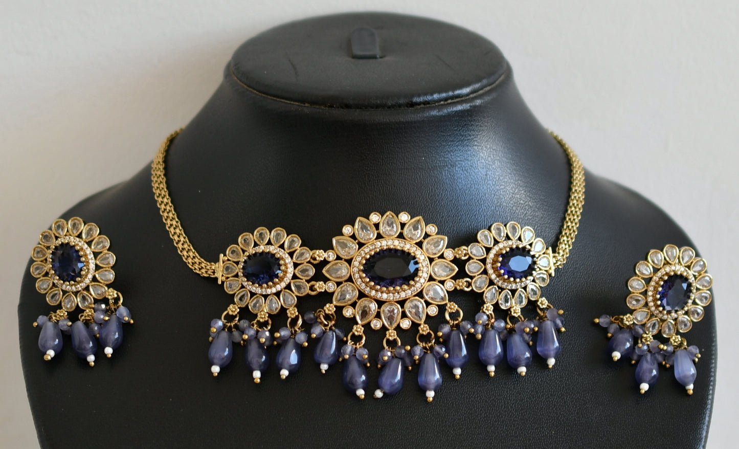 Antique cz-purple beaded flower victorian choker necklace set dj-49419