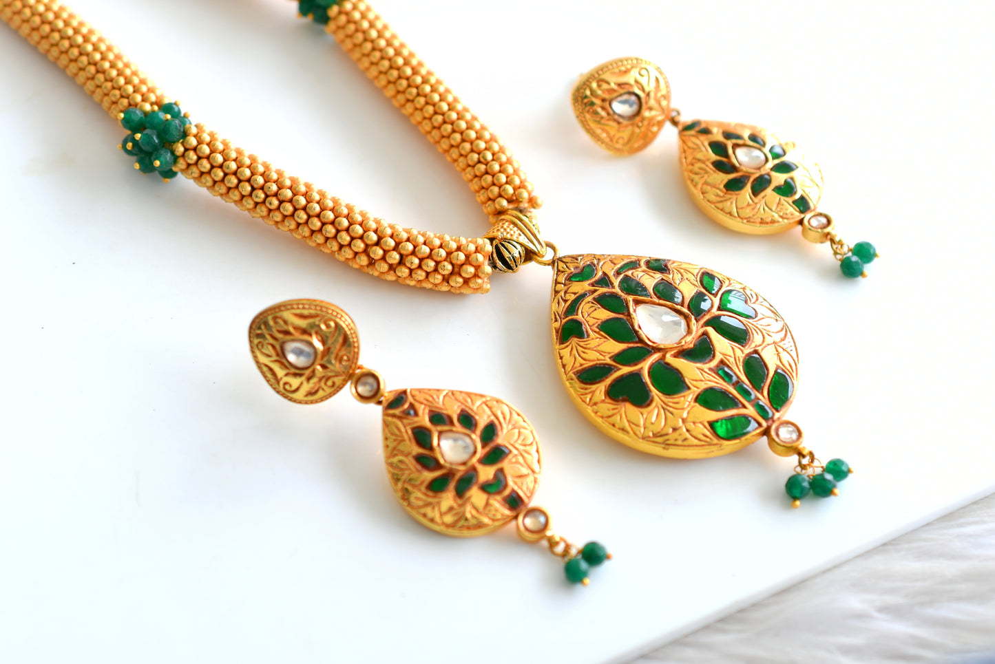 Matte finish green kundan jadau heavy necklace set dj-13103