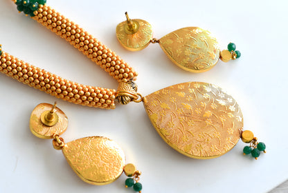 Matte finish green kundan jadau heavy necklace set dj-13103