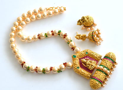 Matte Finish Ruby-emerald Pearl beaded Lakshmi Necklace Set-dj02949