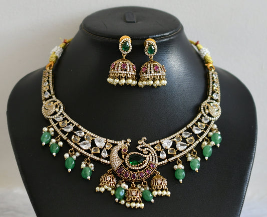 Antique cz-pink-green stone pearl-sea green beaded peacock victorian necklace set dj-49431