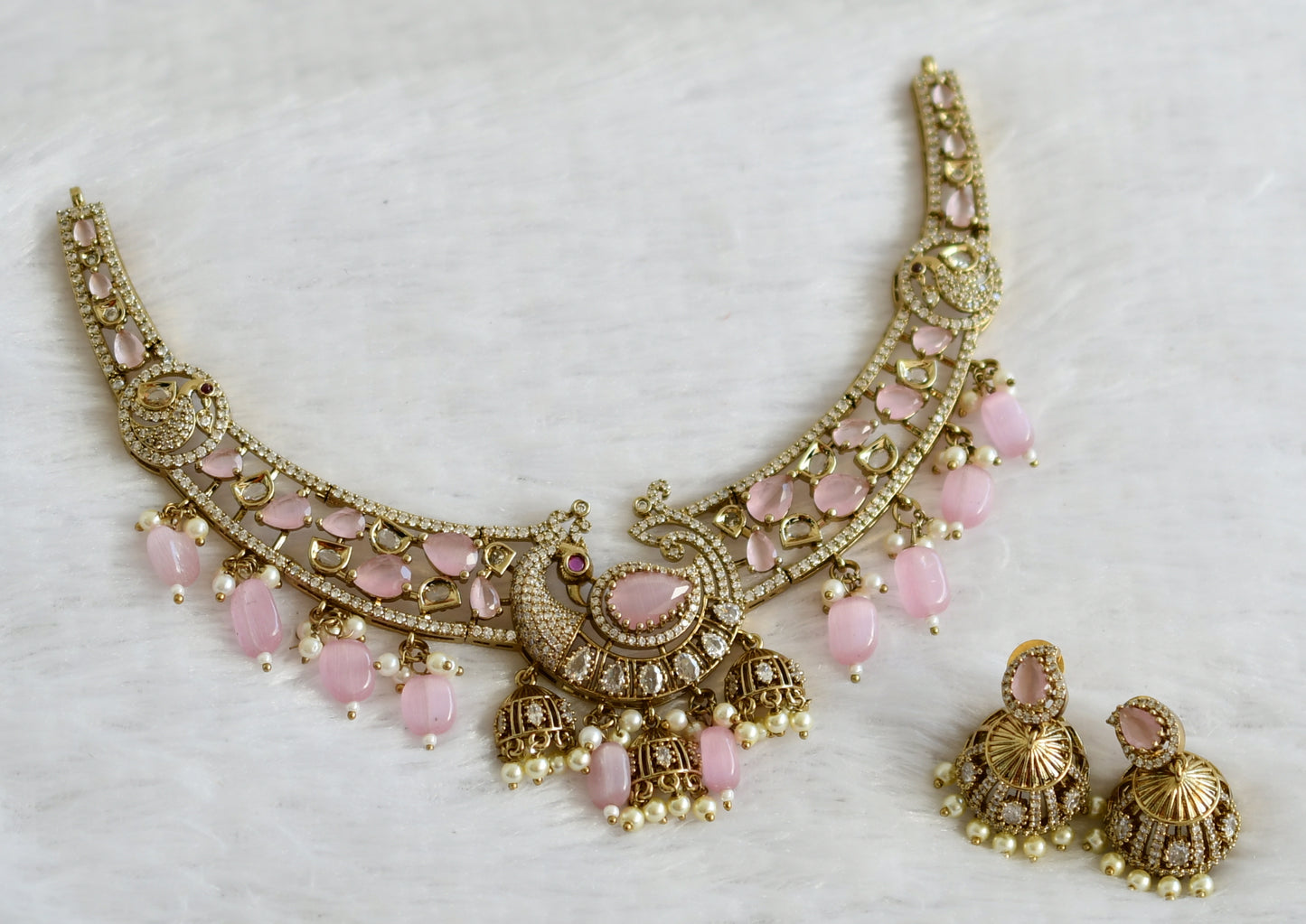 Antique cz-baby pink stone pearl-baby pink beaded peacock victorian necklace set dj-49432