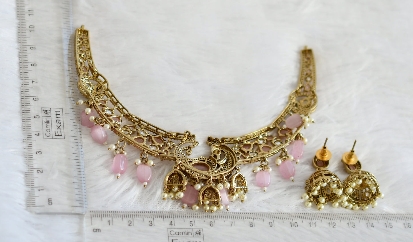 Antique cz-baby pink stone pearl-baby pink beaded peacock victorian necklace set dj-49432