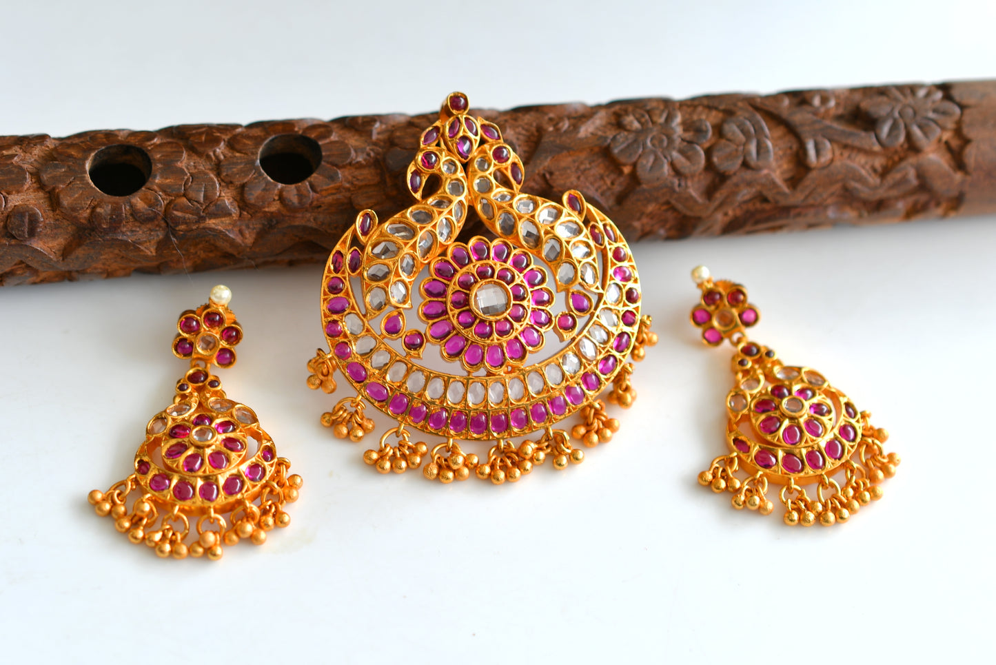 Matte Finish Kundan-real Kemp Peacock Pendant Set -dj14526