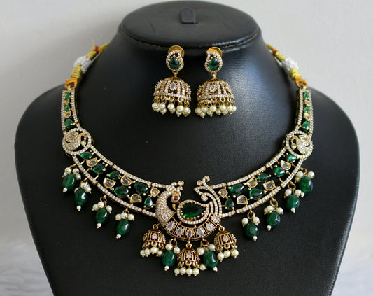 Antique cz-green stone pearl-green beaded peacock victorian necklace set dj-49433