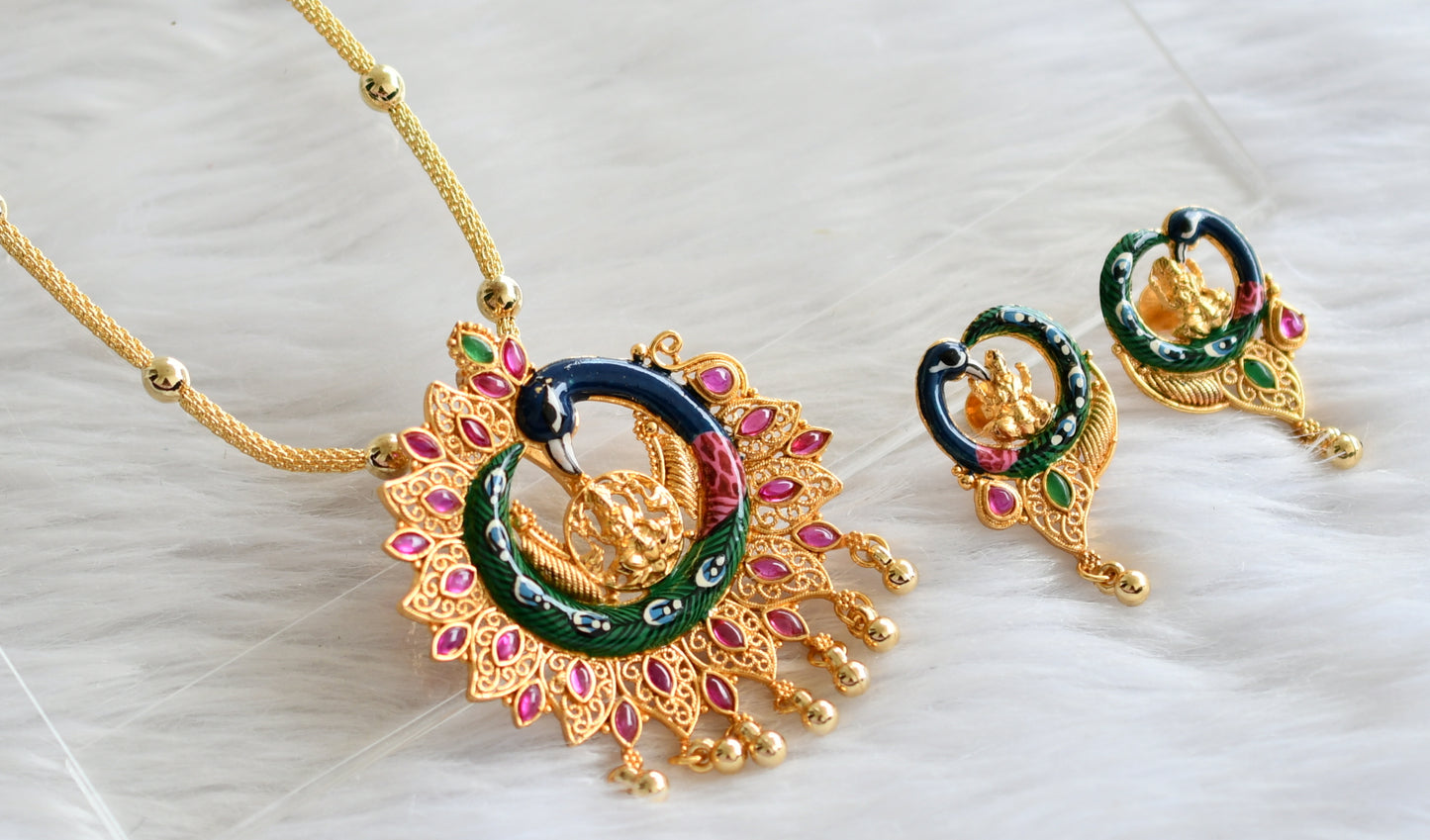Antique gold tone replica pink-green meenakari peacock lakshmi necklace set dj-44249