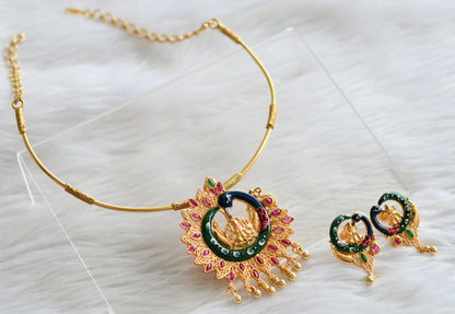 Antique gold tone replica pink-green meenakari peacock lakshmi hasli necklace set dj-44229