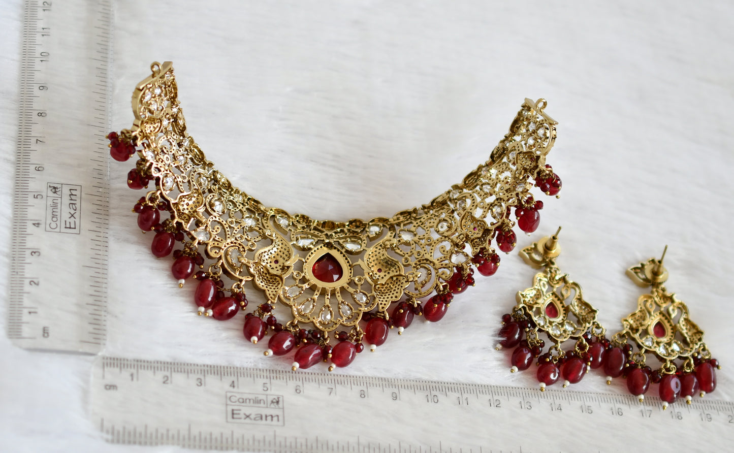 Antique cz-maroon beaded elephant victorian choker necklace set dj-49450