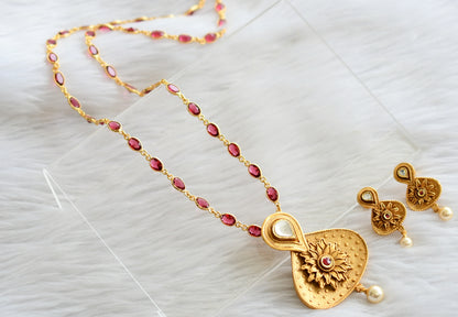 Antique gold tone magenta pink stone chain replica necklace set dj-44242