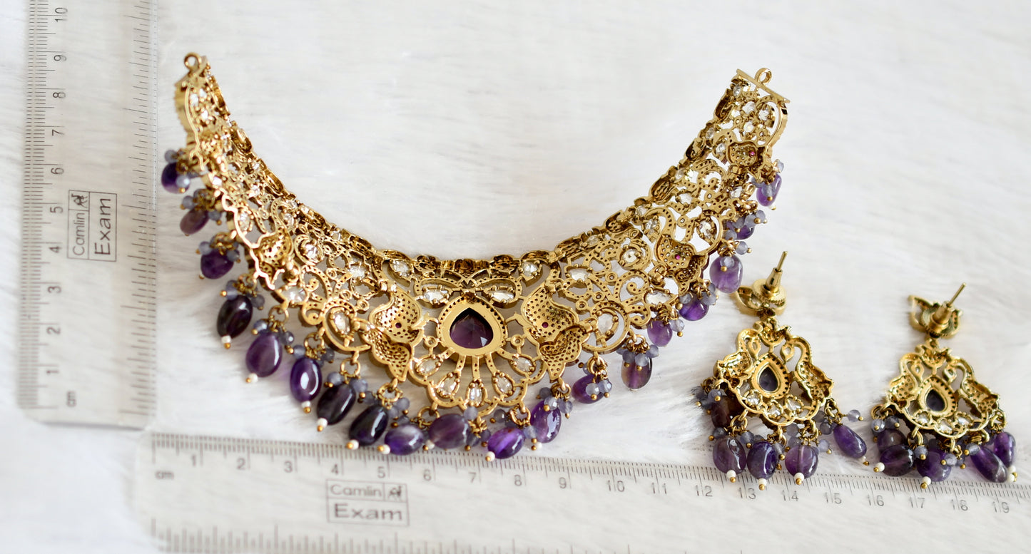 Antique cz-purple beaded elephant victorian choker necklace set dj-49447