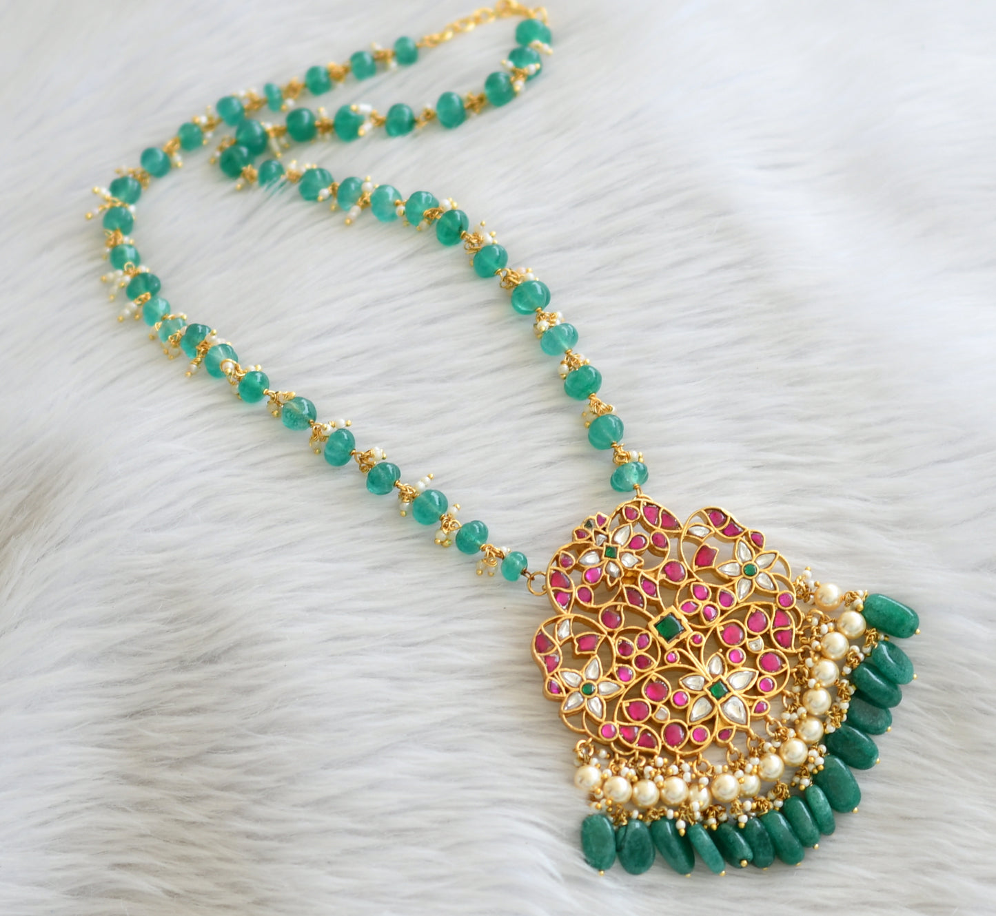 Gold tone pink-green kundan jadau beaded short haar dj-37132