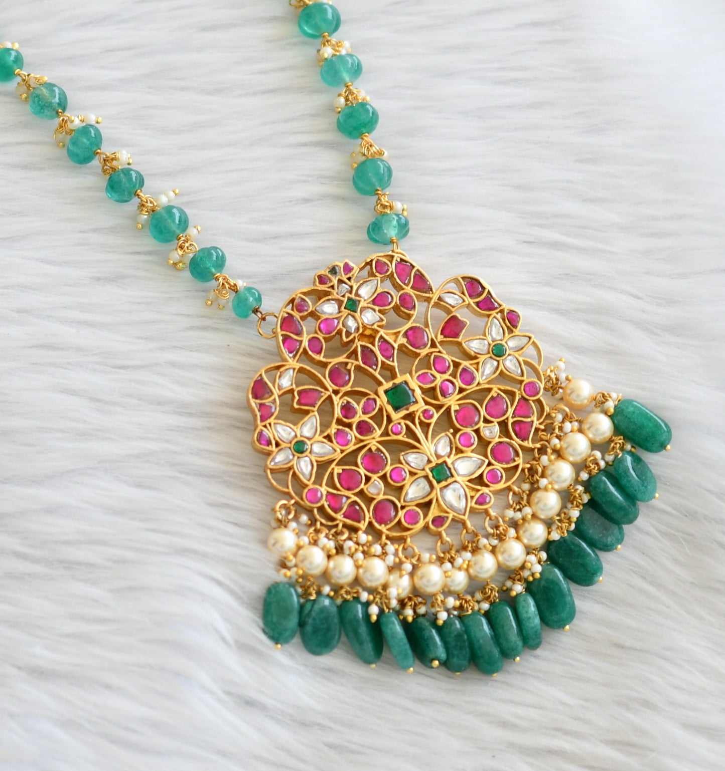 Gold tone pink-green kundan jadau beaded short haar dj-37132