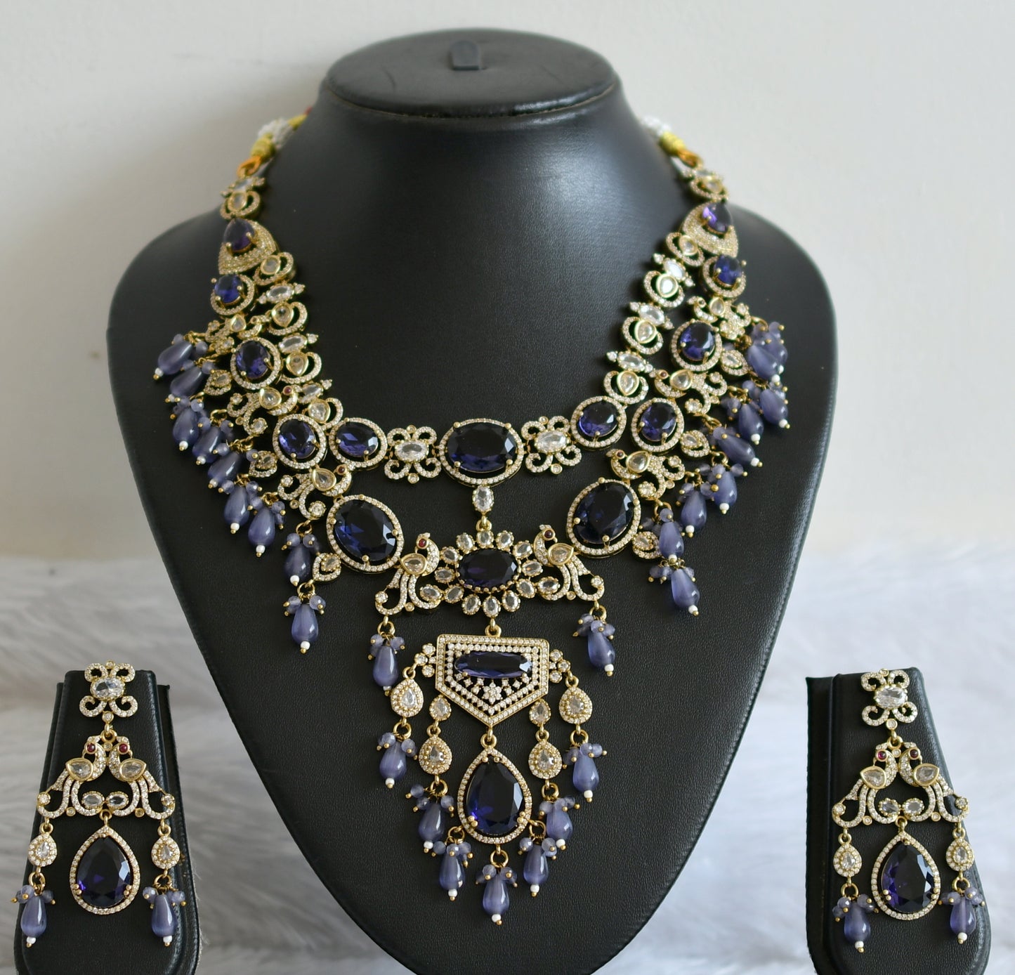 Antique cz-purple stone peacock double layer victorian necklace set dj-49456