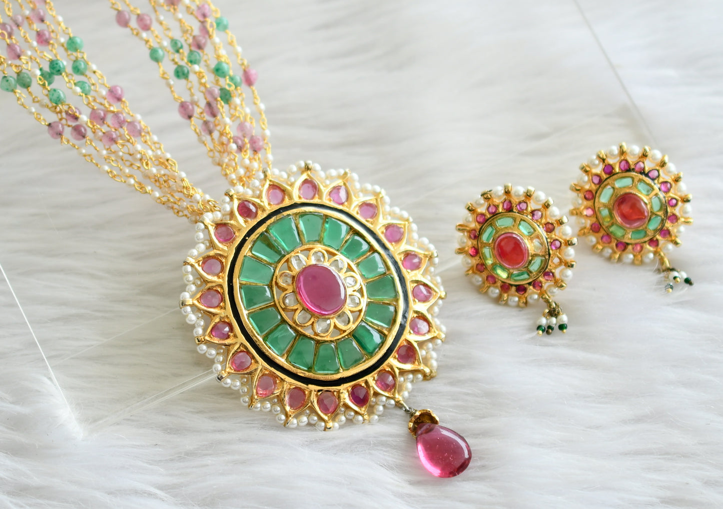 Gold tone pink-green-white pearl replica uncut polki round necklace set dj-44223