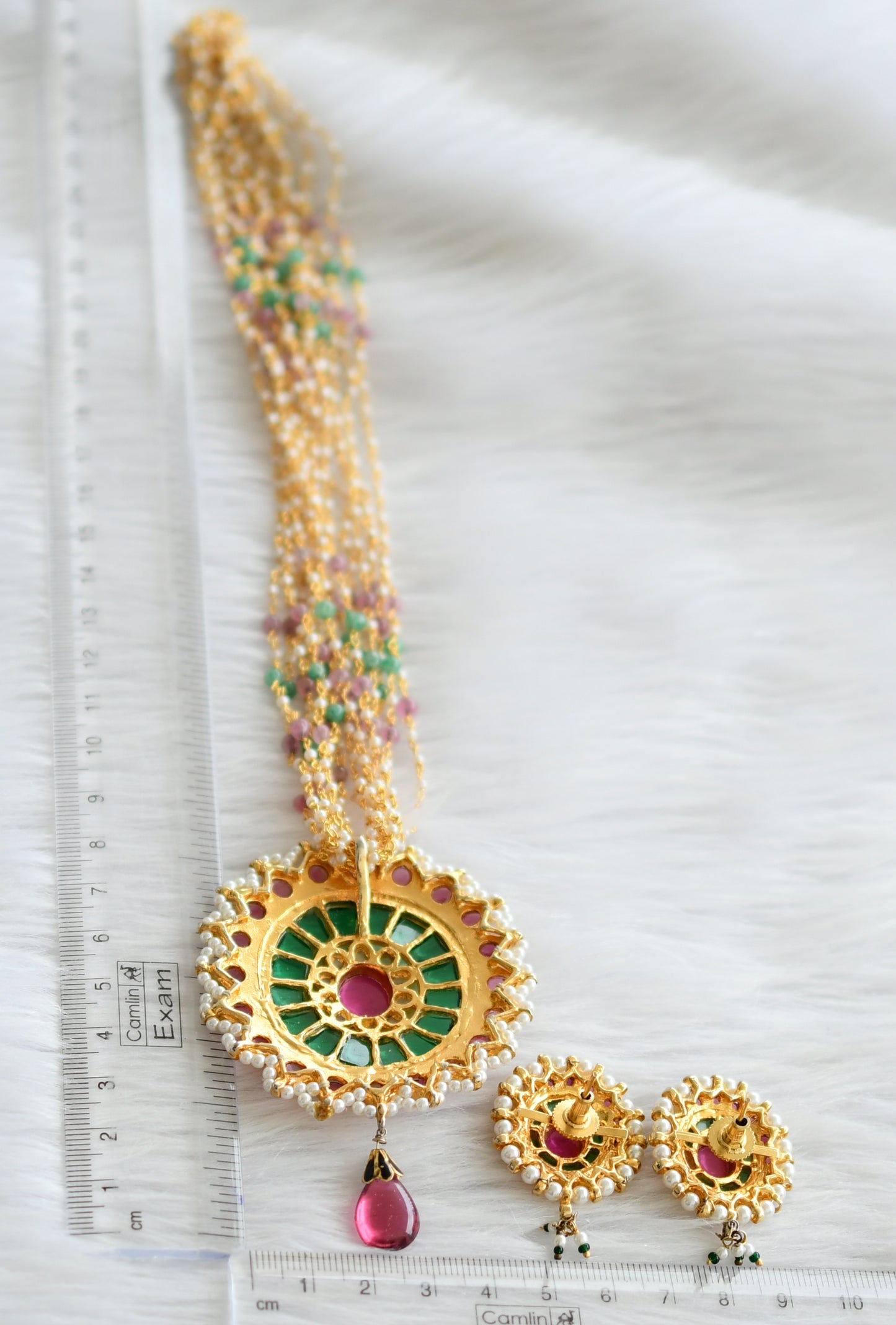 Gold tone pink-green-white pearl replica uncut polki round necklace set dj-44223