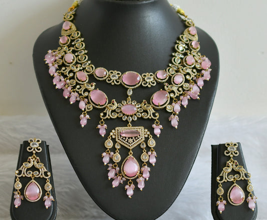 Antique cz-baby pink peacock double layer victorian necklace set dj-49457