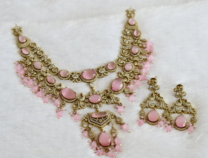 Antique cz-baby pink peacock double layer victorian necklace set dj-49457