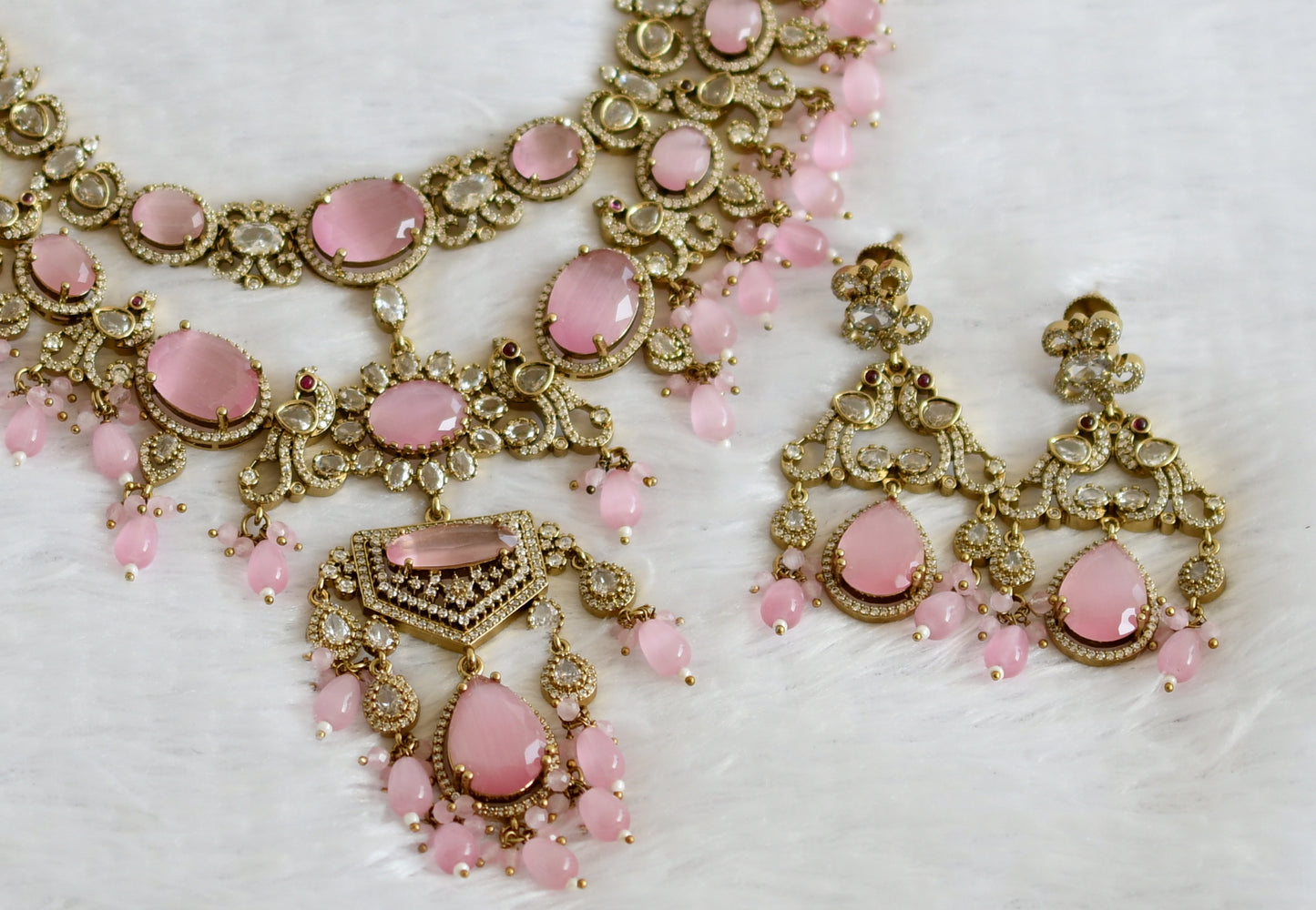 Antique cz-baby pink peacock double layer victorian necklace set dj-49457