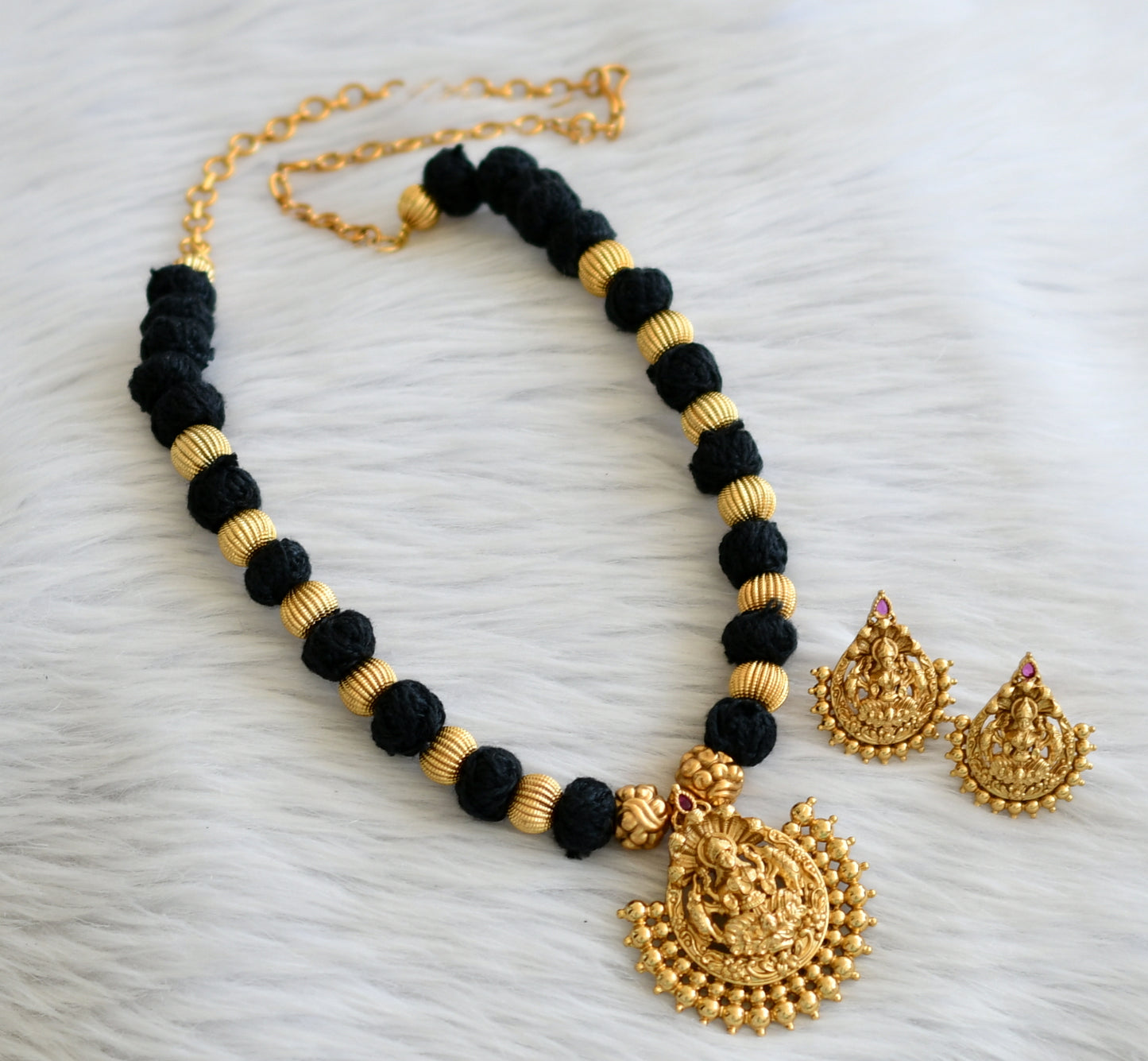 Matte finish black thread kemp stone lakshmi necklace set dj-45972