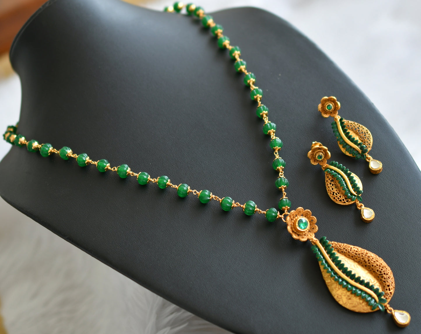 Antique gold tone green pumpkin bead replica necklace set dj-44234