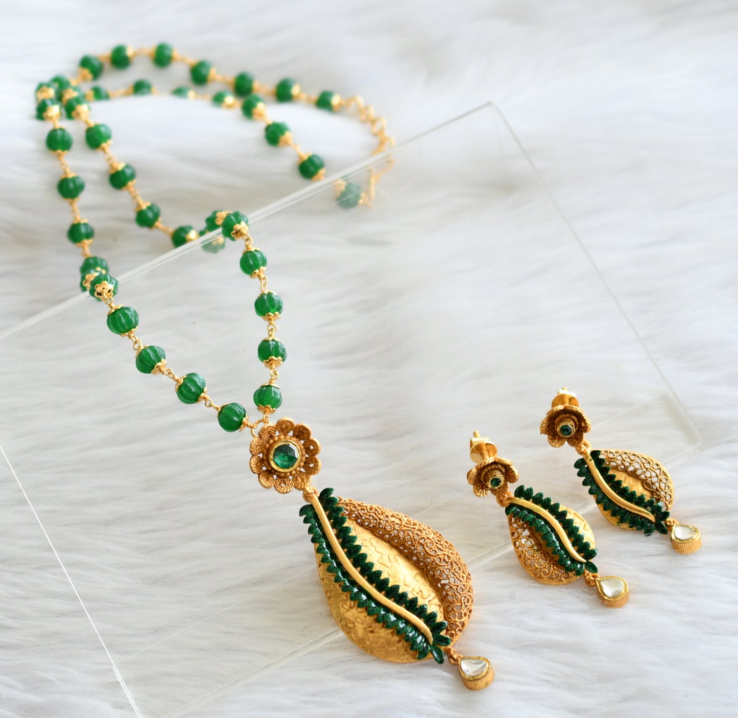 Antique gold tone green pumpkin bead replica necklace set dj-44234