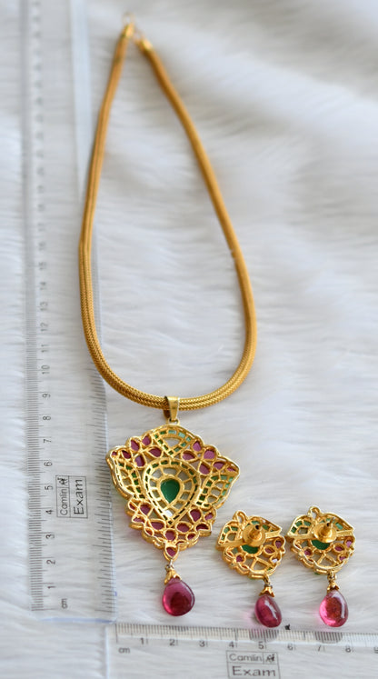 Gold tone pink-green-white replica uncut polki necklace set dj-44222