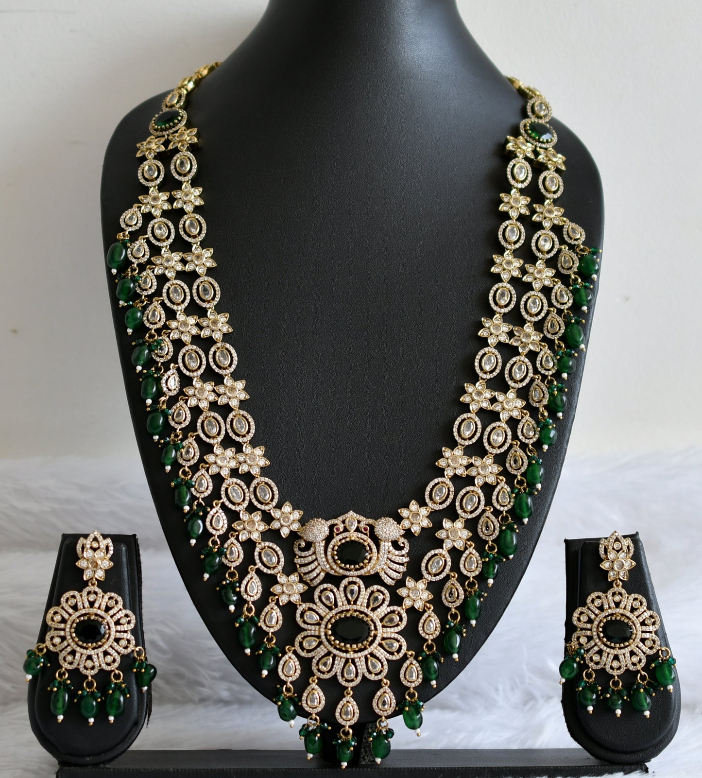 Antique cz-green beaded peacock-flower double layer victorian short haar set dj-49461